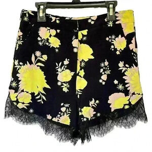 Topshop Black Floral Lace-Trim Shorts with Yellow & Pale Pink Blooms
